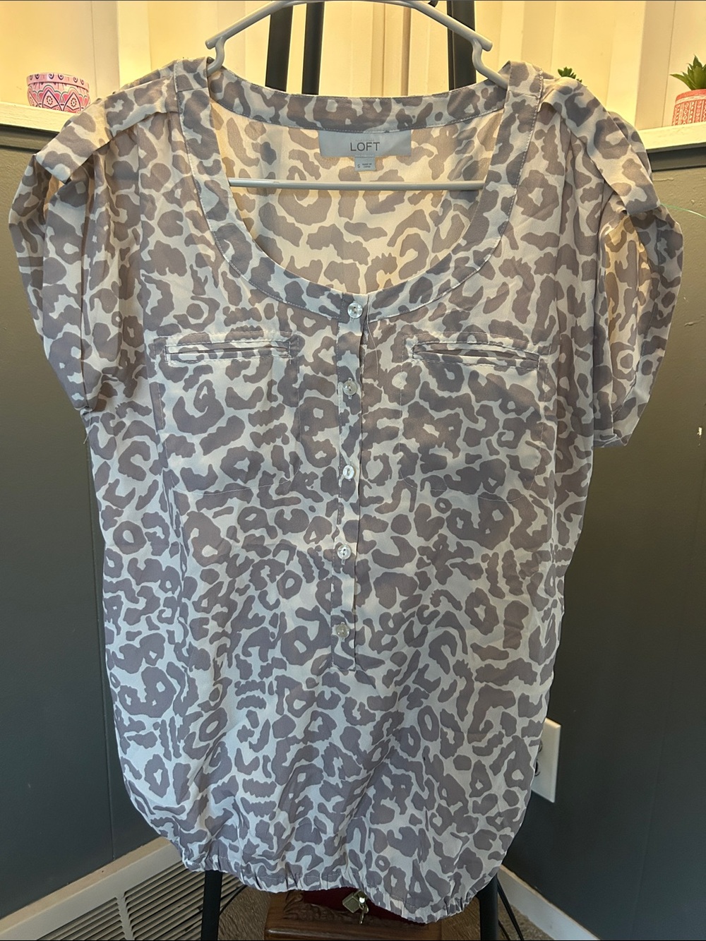 LOFT Lavender Gray Leopard Print Button-Front Blouse